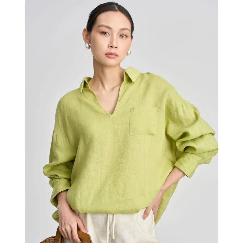 Breathable linen v-neck long sleeve shirt in khaki color, perfect for warm New Zealand weather