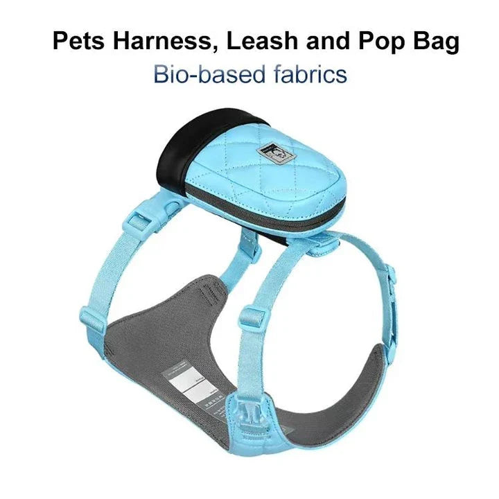 Eco-friendly pet harness set with adjustable leash and poop bag holder, designed for comfortable and sustainable outdoor adventures with your furry companion.