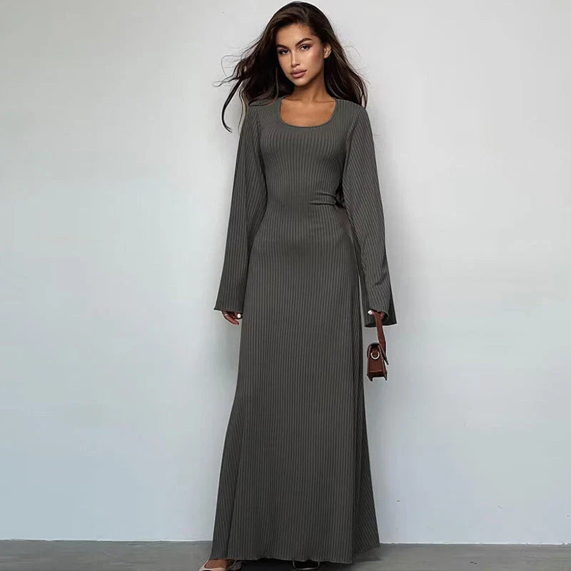 Women's U-Neck Dress with Lace-Up Back and Long Bell Sleeves in Assorted Colours