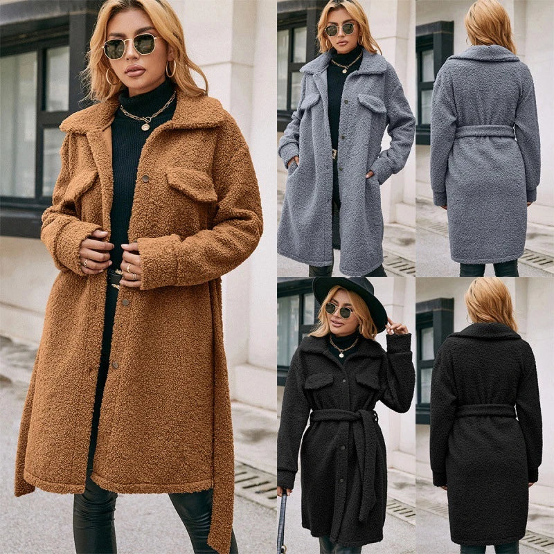 Stylish mid-length plush trench coat with belted waist, available in black, blue gray, and caramel colors