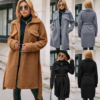 Stylish mid-length plush trench coat with belted waist, available in black, blue gray, and caramel colors