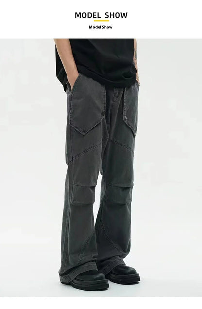 Black washed micro-flared trousers with pleated design and large pockets, perfect for the modern Kiwi lifestyle