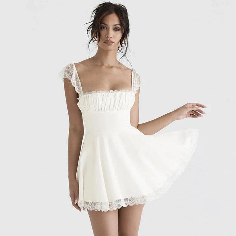 Elegant white lace mini dress with backless design, perfect for summer events in New Zealand