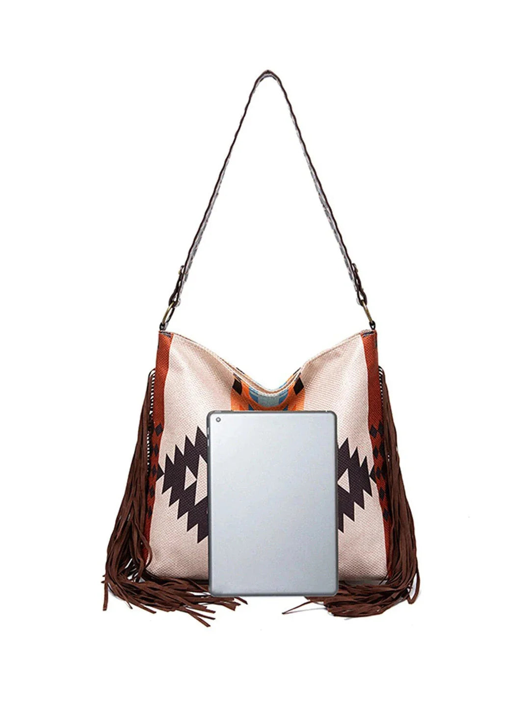 Stylish Bohemian canvas shoulder bag with colorful knitting and tassel details