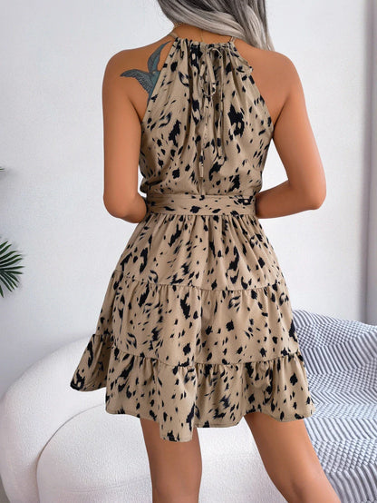 Stylish leopard print chiffon swing dress with ruffled details, perfect for summer fun in New Zealand