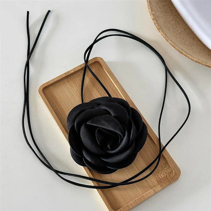 Elegant Rose Flower Satin Choker Necklace with Adjustable Bowknot Closure for Kiwi Ladies