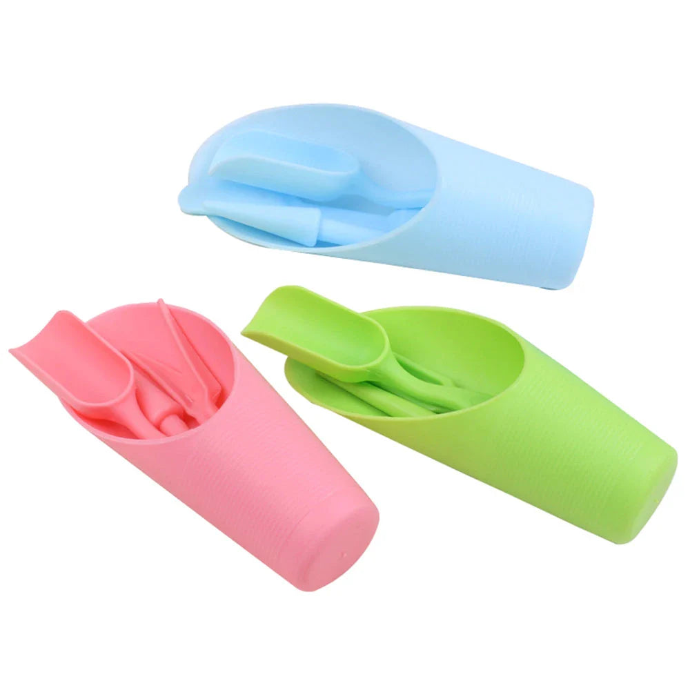 A 4-piece gardening tool set including a soil scoop, hand shovel, multi-use bucket, and seedling transplanter