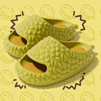 Durian-inspired slippers in vibrant Kiwi-friendly colours, featuring a non-slip EVA sole for comfort and safety