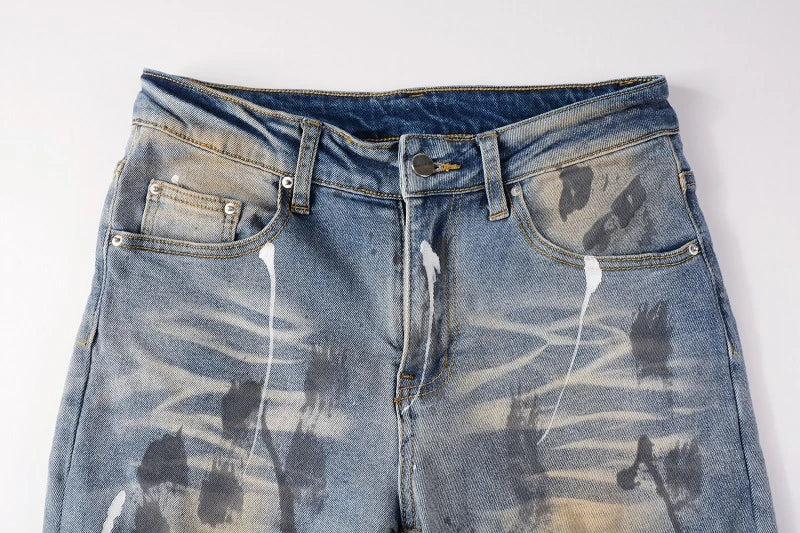 Vintage-inspired jeans with rhinestone and ink splash detailing, perfect for the modern Kiwi lifestyle