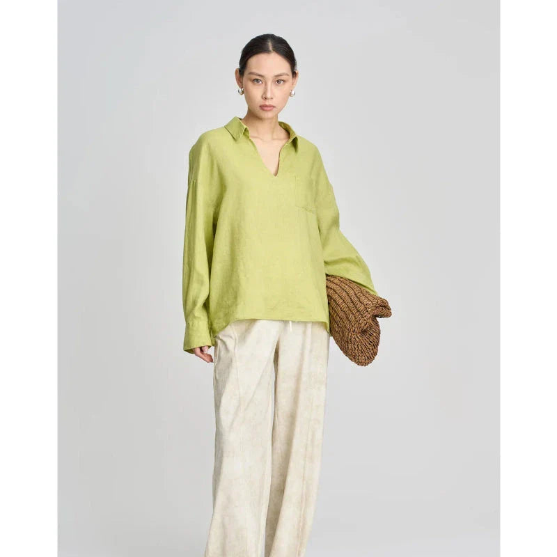 Linen V-neck Long Sleeved Shirt for Women, featuring a sustainable, breathable design in a versatile khaki color