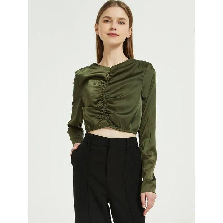 Elegant green silk chiffon long sleeve blouse, designed in New Zealand for the modern Kiwi woman