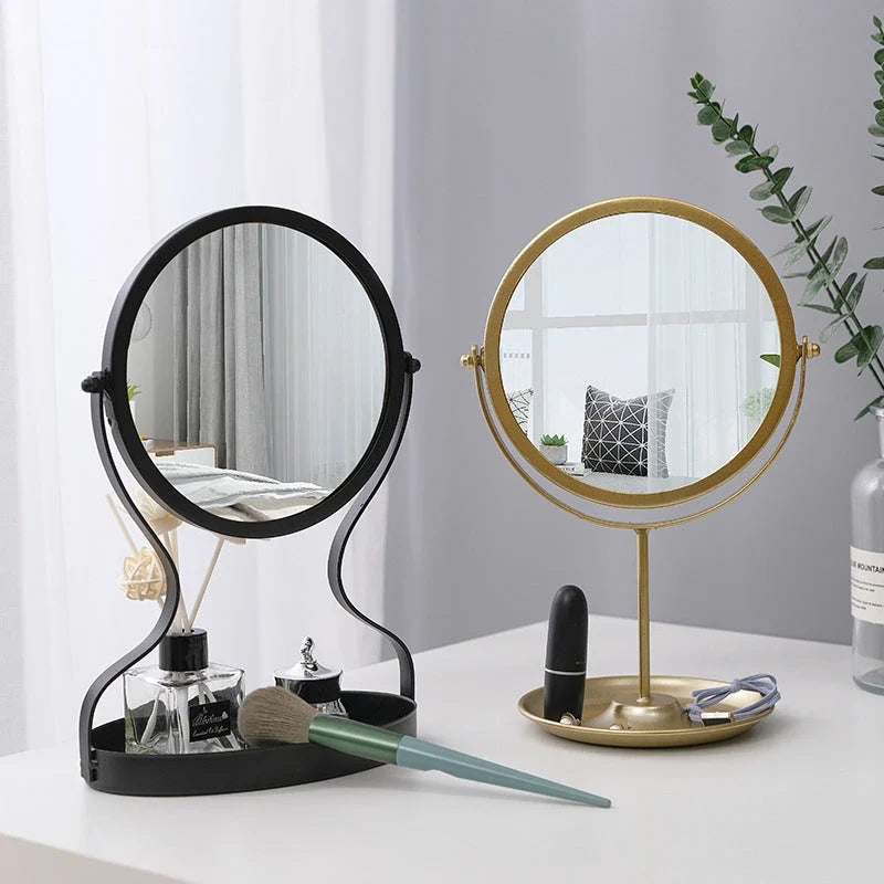 Elegant metal vanity mirror with polished silver mirror and built-in jewelry storage compartments