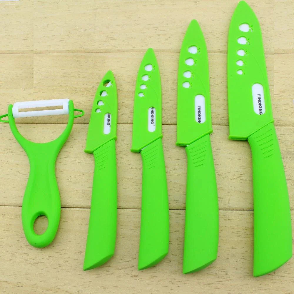 Set of premium ceramic knives with vibrant, colourful handles for a modern Kiwi kitchen