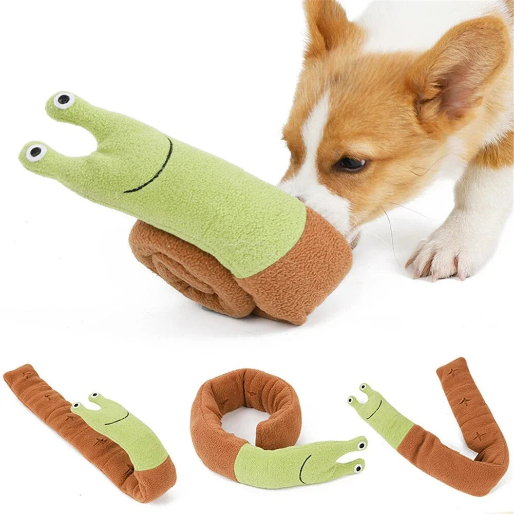 Soft, plush snail-shaped snuffle mat toy for dogs, with multiple treat-hiding pockets and a built-in sound generator for added engagement and mental stimulation.