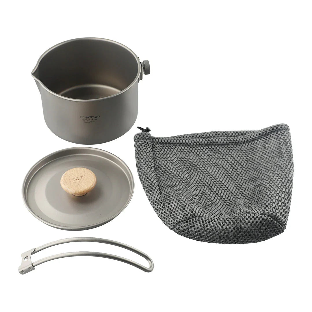 1.1L titanium camping pot with storage sack, perfect for brewing hot drinks, cooking meals, and boiling water on outdoor adventures