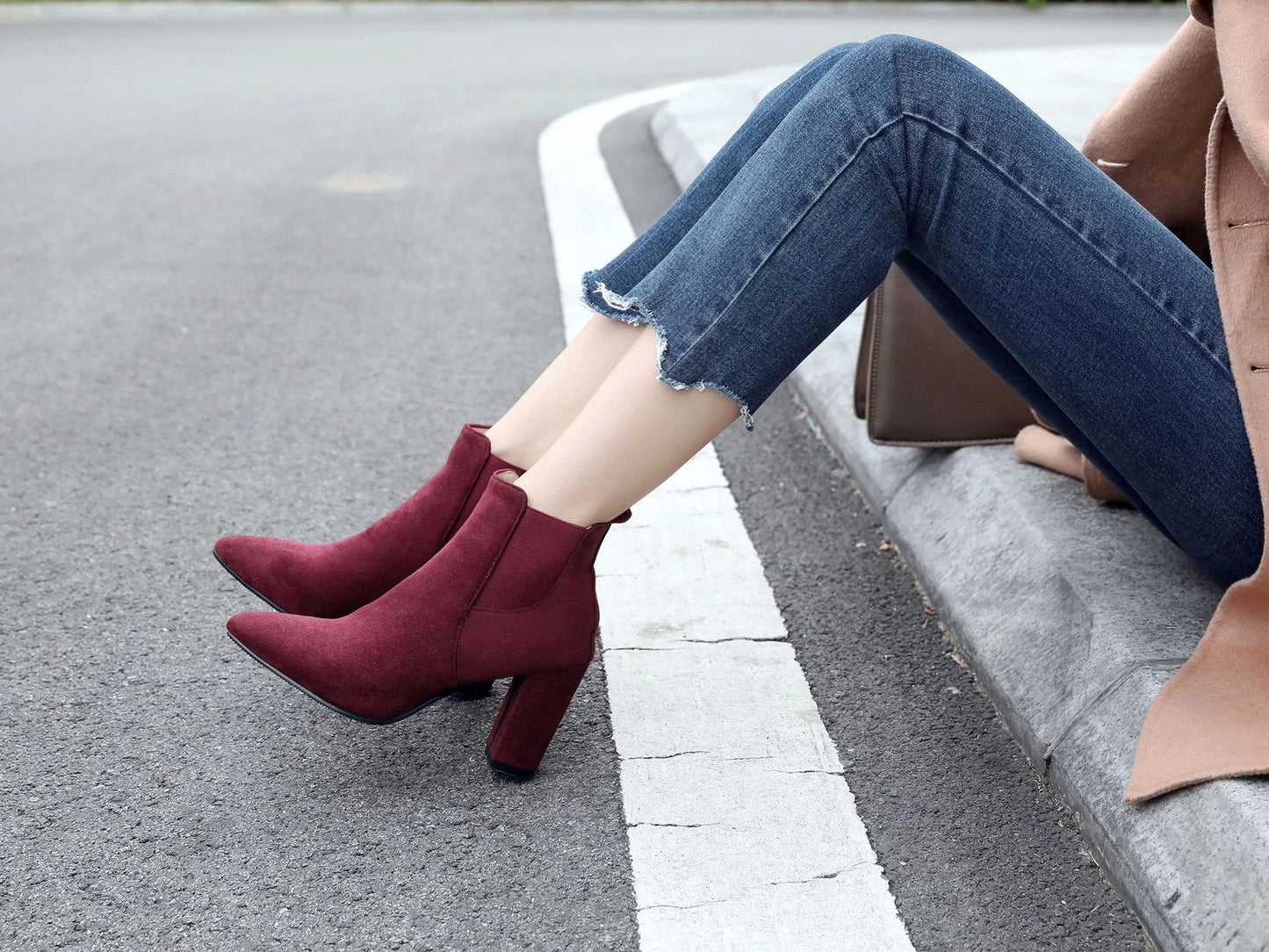 Stylish frosted booties with pointed toe and rubber sole, perfect for everyday wear in New Zealand