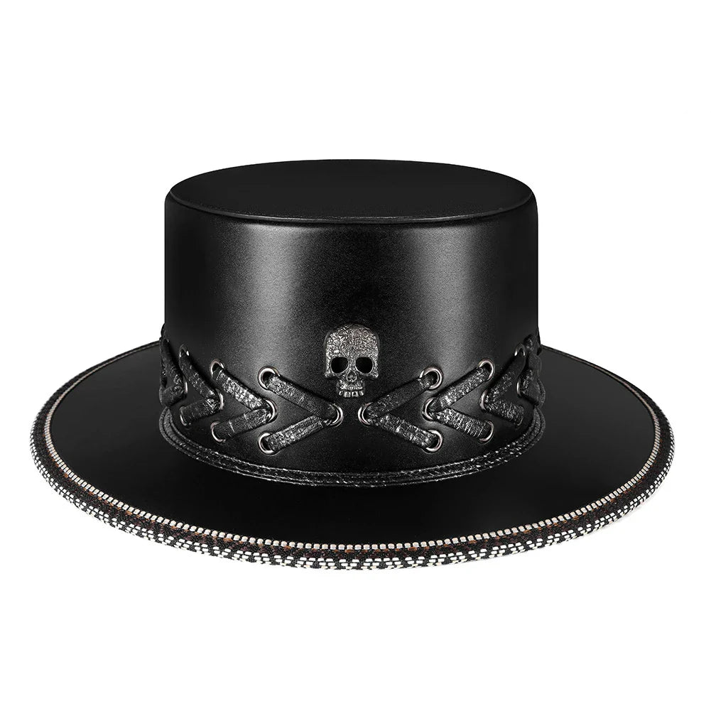 A black punk-style top hat with an embossed skull design, made of premium PU leather.