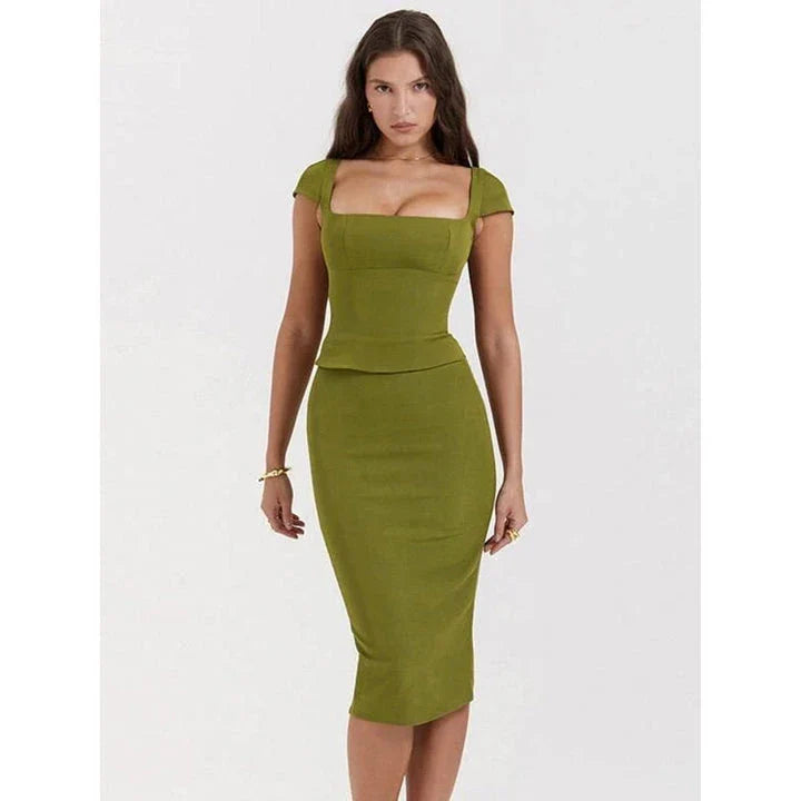 Stylish green two-piece set with square collar top and midi skirt, designed for women's fashion and special occasions.