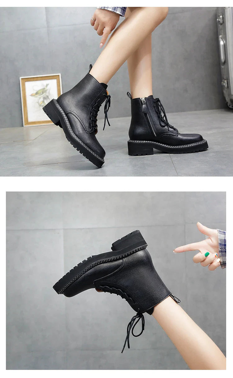 Stylish women's platform locomotive boots with leather upper and rubber sole, in black and cotton black colors