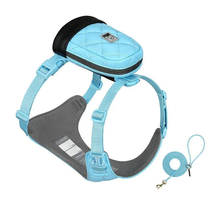 Eco-friendly pet harness set with adjustable leash and poop bag holder, designed for comfortable and sustainable outdoor adventures with your furry companion.