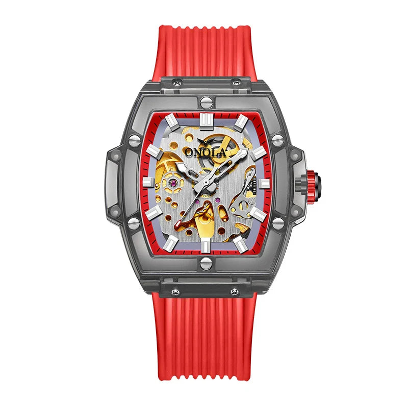 Trendha Skeleton Automatic Watch with Silicone Strap in Transparent White and Red