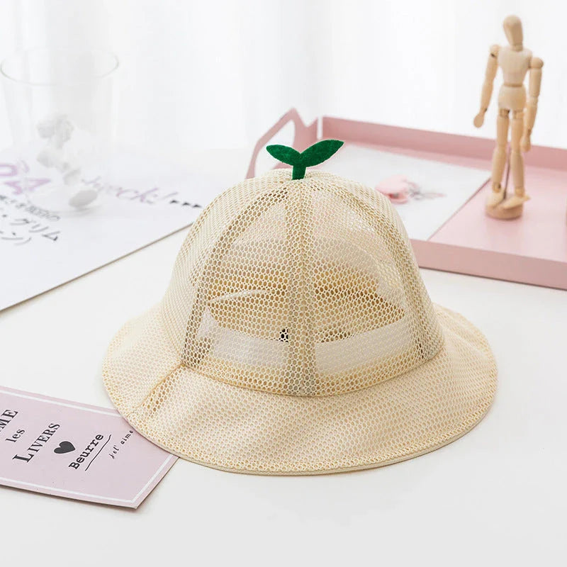 A breathable mesh bucket hat with a cute sprout design, perfect for keeping Kiwi kids cool and stylish during the summer.