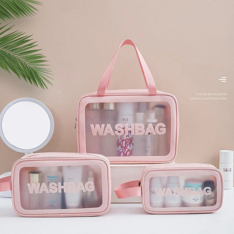 Spacious and waterproof travel makeup bag with transparent panels for easy visibility and organisation of cosmetics and toiletries