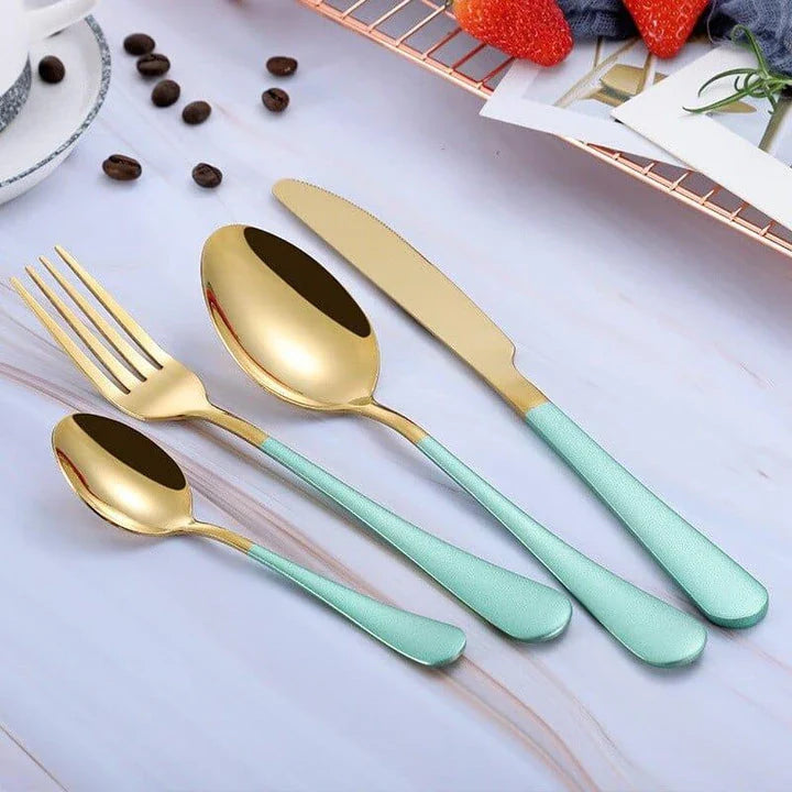 Eco-Friendly Stainless Steel Tableware Set - 4 Piece Collection with Knife, Fork, Spoon, and Tea Spoon