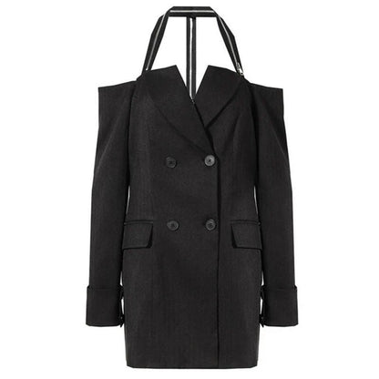 Stylish halter neck double-breasted black blazer for Kiwi women, featuring a unique design and premium materials