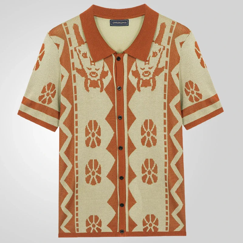 Stylish men's knitted polo shirt in brown with lapel collar, made with premium polyester fiber for comfort and durability