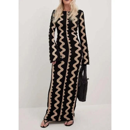 Elegant striped knit midi dress with O-neck design, featuring a flattering slim fit and comfortable ankle-length cut for the modern Kiwi woman.