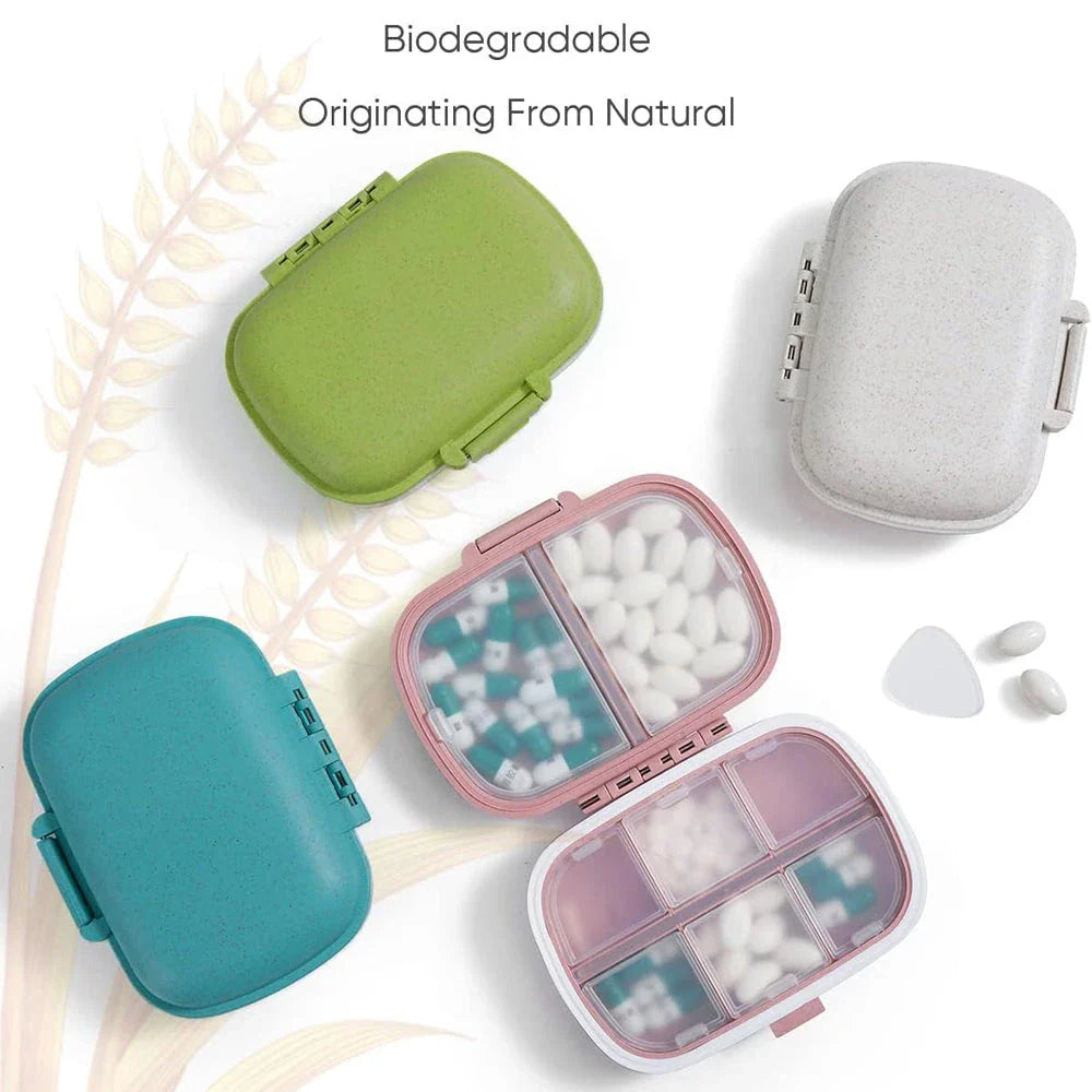 Compact and portable pill organiser with 8 compartments, perfect for Kiwi travellers to keep their daily vitamins and medications organised