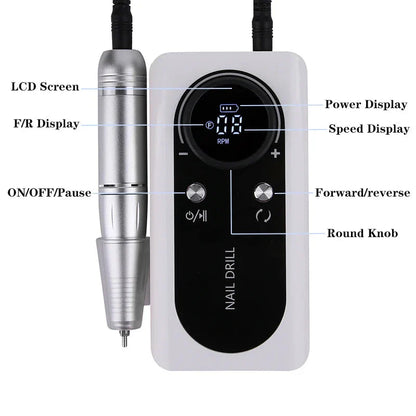 A high-speed 45,000RPM rechargeable electric nail drill with a LCD display for manicures and polishing