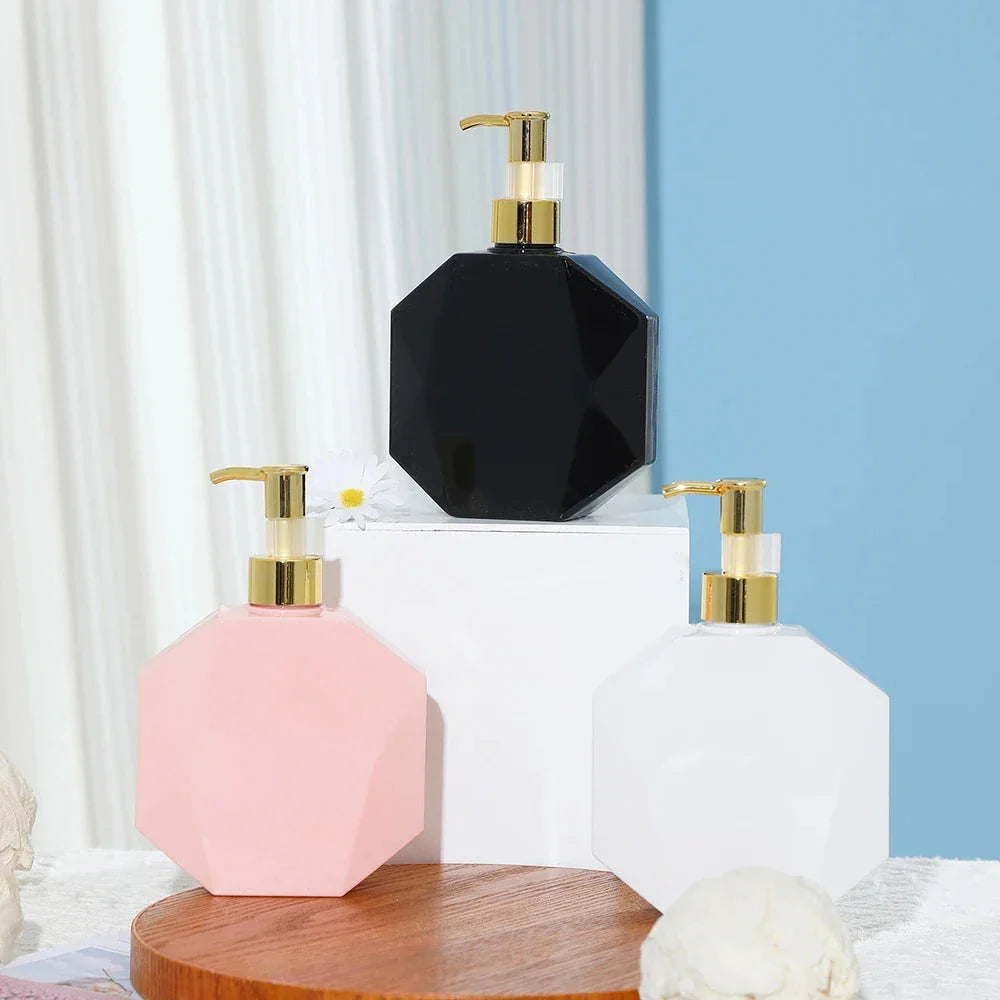 Trendha 300ml Refillable Polygonal Pump Bottle in white, black, and pink colours for stylish bathroom and kitchen organization