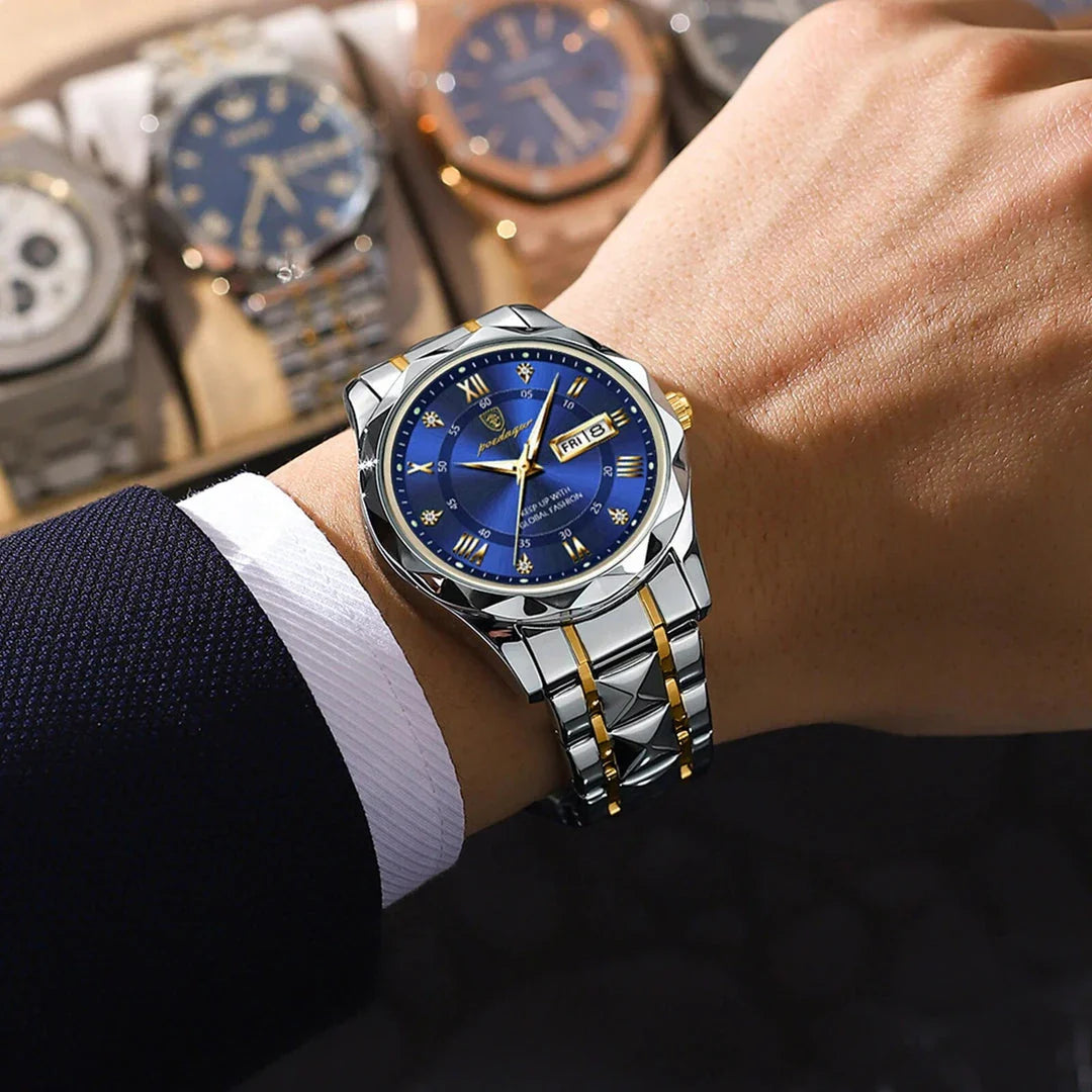 A stainless steel quartz watch with luminous hands, date, and week display for the modern Kiwi man