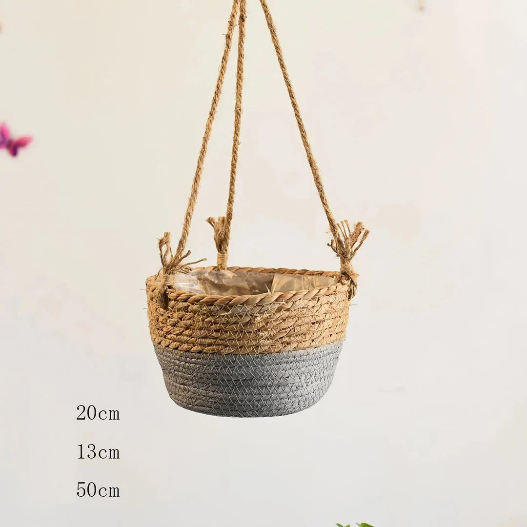 Stylish jute rope hanging planter basket in gray, perfect for adding natural, bohemian charm to Kiwi homes and gardens