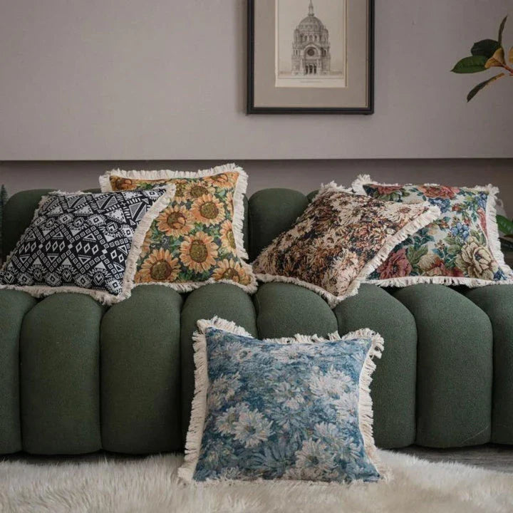 Stylish Jacquard Cushion Cover in vibrant floral and plant patterns, perfect for adding a touch of Kiwi charm to your home or car