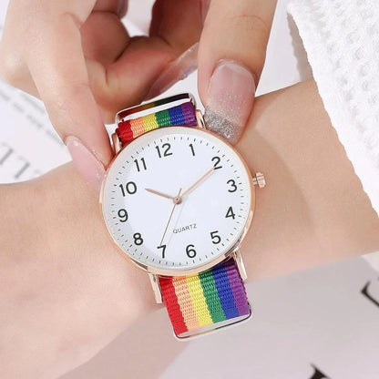 Rainbow-coloured fabric strap women's wristwatch with alloy case and quartz movement