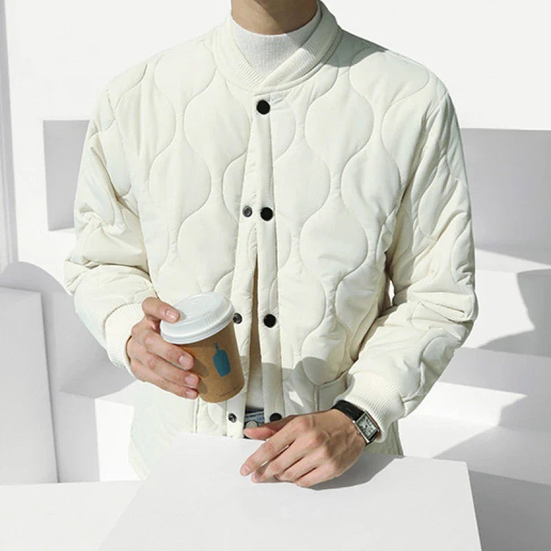 Men's autumn jacket with baseball collar, made of cotton and silk blend in black and off-white colors