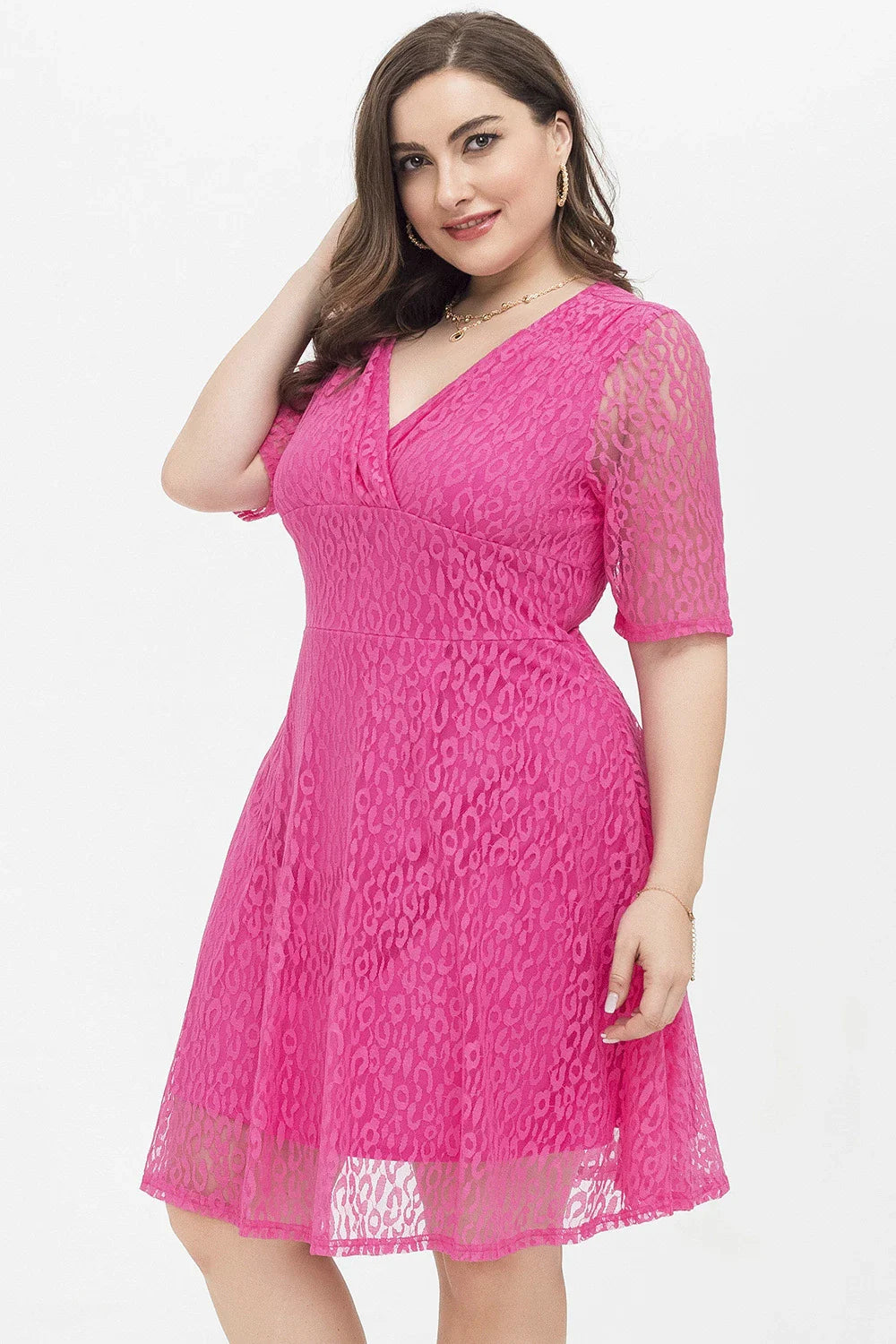 Stylish relaxed-fit v-neck lace dress in rose red color, featuring a flattering A-line silhouette and premium polyester fabric