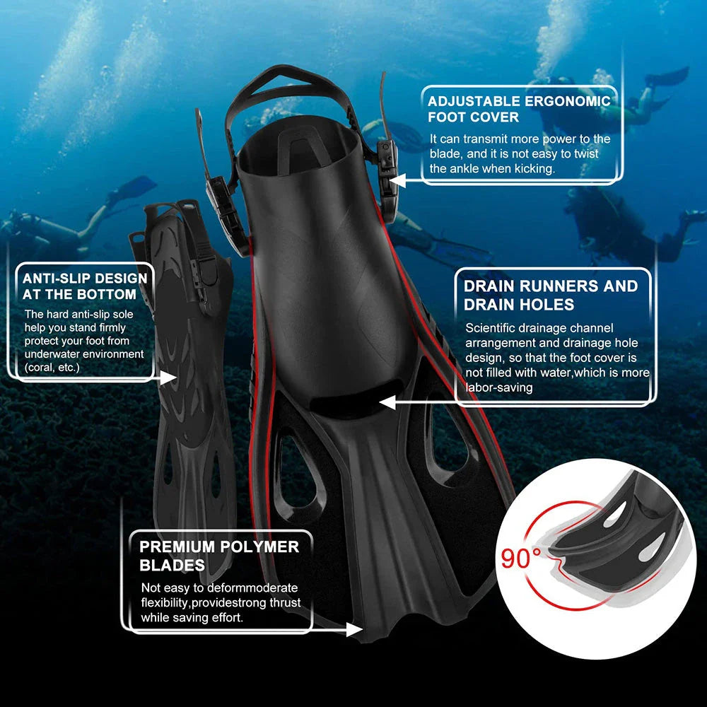 Adjustable Travel Snorkel Fins in different colours, designed for comfort, performance, and versatility in the water.