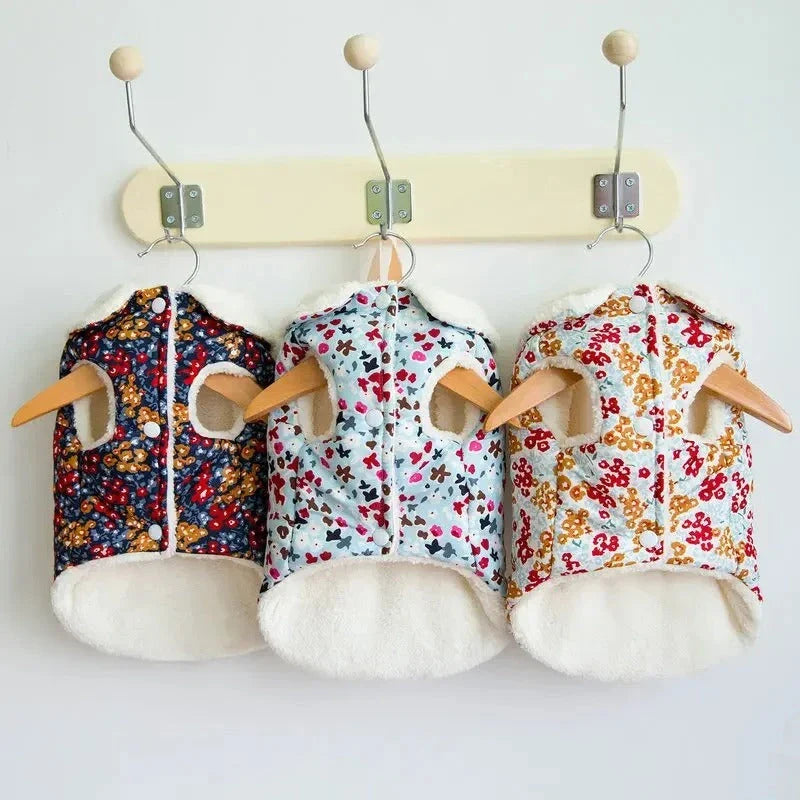 Adorable floral plush dog parka with cute plush ears, perfect for keeping your furry friend warm and stylish during chilly New Zealand autumn and winter weather