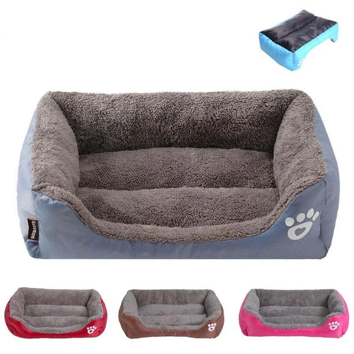 A cozy, waterproof pet bed featuring a soft fleece lining and paw print design, perfect for providing comfort and support for your beloved companion.