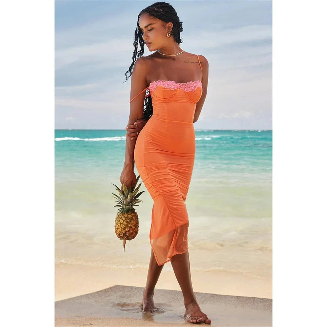 Elegant orange lace maxi dress with backless design, perfect for special occasions in New Zealand