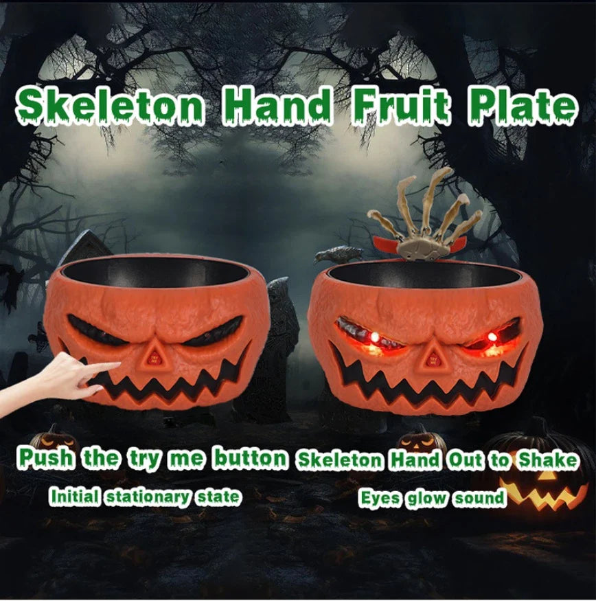 A glowing, pumpkin-shaped plastic plate with ghostly sound effects for Halloween decor and celebrations