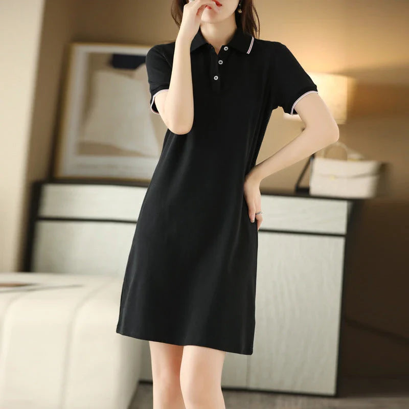 Stylish Kiwi Chic Mid-Length Polo Collar Dress in White, Black, Pink, and Navy Blue colors