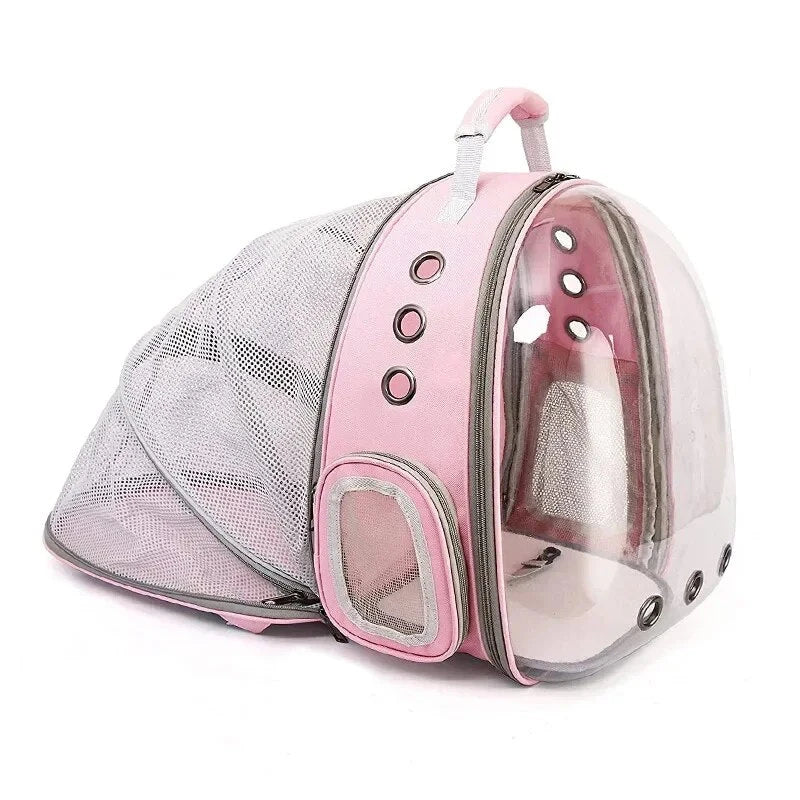 Expandable pet carrier backpack with transparent walls, allowing pets to enjoy the view during travel