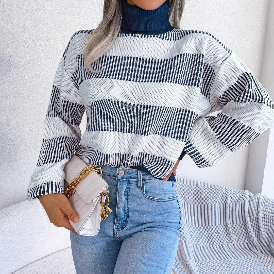 Stylish and Cozy European-Inspired Sweater Jumper with Stripe or Check Pattern, Lantern Sleeves, and High Neck