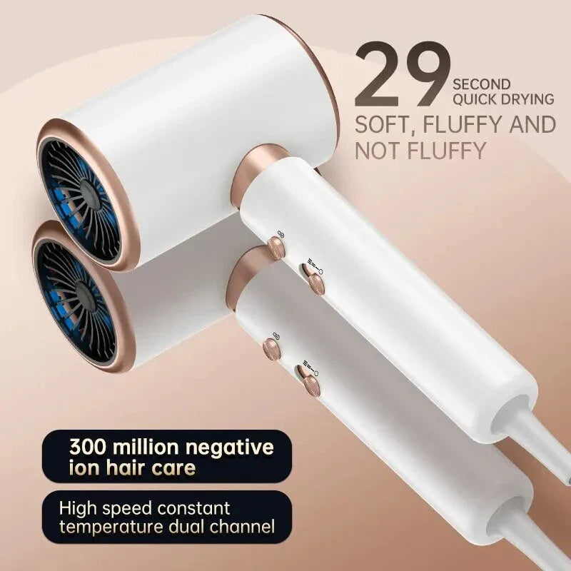 A white 2200W professional ionic hair dryer with multiple settings and a concentrator nozzle for salon-quality blowouts