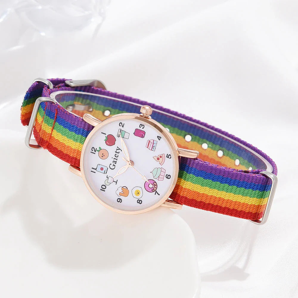 Rainbow-coloured fabric strap women's wristwatch with alloy case and quartz movement